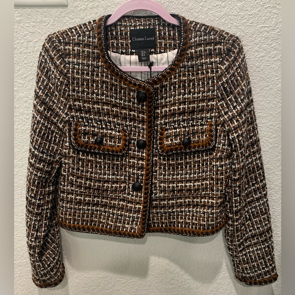 Christian Lacroix Brown & Cream Tweed Cropped Blazer